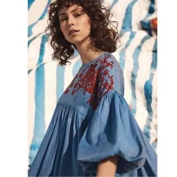 Anthropologie Hemant & Nandita Blue Lianna Embroidered Blouse Size S - Picture 6 of 16